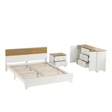 Sweiko Sweiko Complete slaapkamerset, 3-delig. Modern tweepersoonsbed + nachtkastje + ladekast, tweepersoonsbed 160x200cm met middenvoet, nachtkastje met 2 lades, ladekast met 3 lades en 2 deuren, wit + naturel