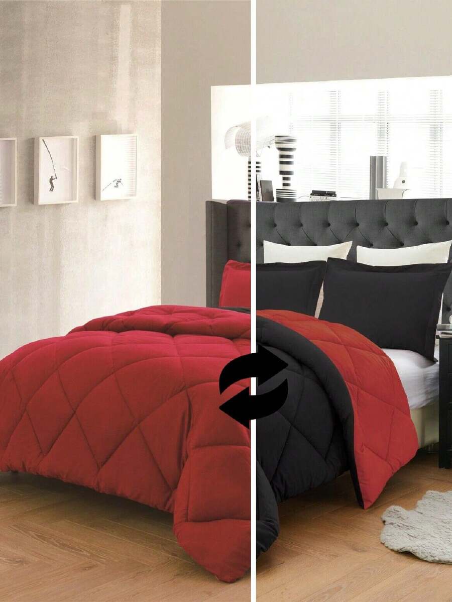3PC Reversible 2-Tone Comforter Set With 2 Pillow Shams - 2 Different Colors! Duvet Insert - Red & Black - View 1