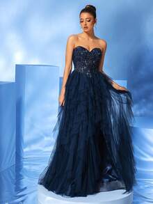 Vestido de noche de novia de gala elegante para boda, fiesta, baile de graduación o cena, con detalle de abertura alta, sin tirantes y volumen, con adornos de cuentas