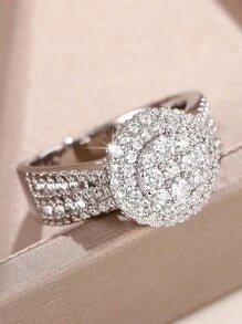 1pc Luxury Round Cubic Zirconia Inlaid Ring, Exquisite Engagement/Wedding Jewelry Accessory