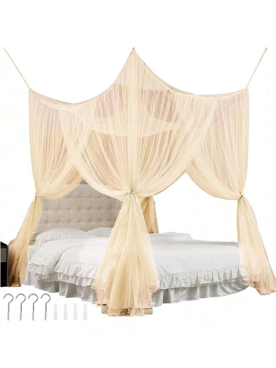 Cortinas De Cama Pabellón Colchas Tamaño King Mosquitero Colcha Tamaño King Dosel De Cama con 4 Postes De Esquina Mosquitera para Cama Dosel De Cama King Size Largo Cortina De Cama - Beis - Ver 1