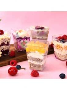 50pcs con tapa y cuchara 150ml copas de postre redondas de plástico copas de postre para aperitivos copas de helado copas de mousse copas de pudín - Blanco - Ver 3