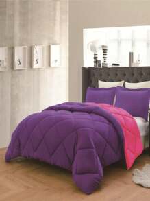 3PC Reversible 2-Tone Comforter Set With 2 Pillow Shams - 2 Different Colors! Duvet Insert - Purple & Hot Pink - View 2