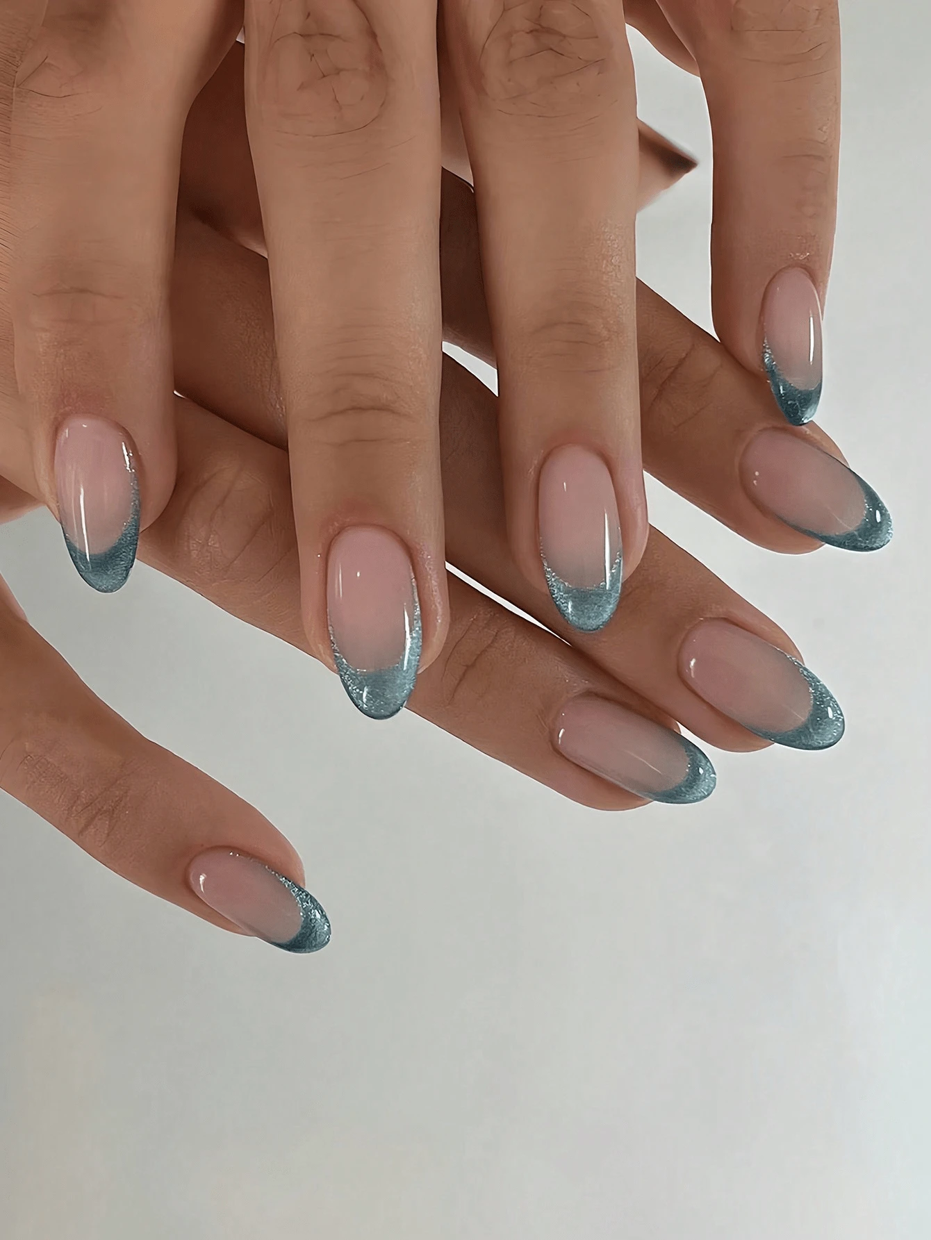 24 片绿色短款猫眼法式假指甲，简约时尚，让女孩的皮肤看起来更白皙，含 1 片果冻胶和 1 片指甲锉，按压式指甲，美甲用品，美甲 - 藍色 - 查看 1