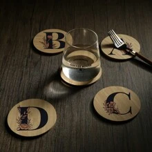 1pc Alphabet Painted Bamboo Coaster, Non-Slip Heat-Resistant Mat, Home Dining Decor, Gift Accessory Set