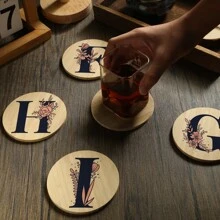 1pc Alphabet Painted Bamboo Coaster, Non-Slip Heat-Resistant Mat, Home Dining Decor, Gift Accessory Set
