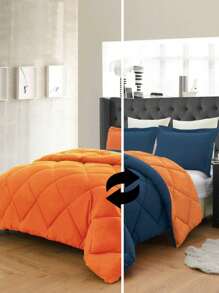 3PC Reversible 2-Tone Comforter Set With 2 Pillow Shams - 2 Different Colors! Duvet Insert - Orange & Navy - View 1