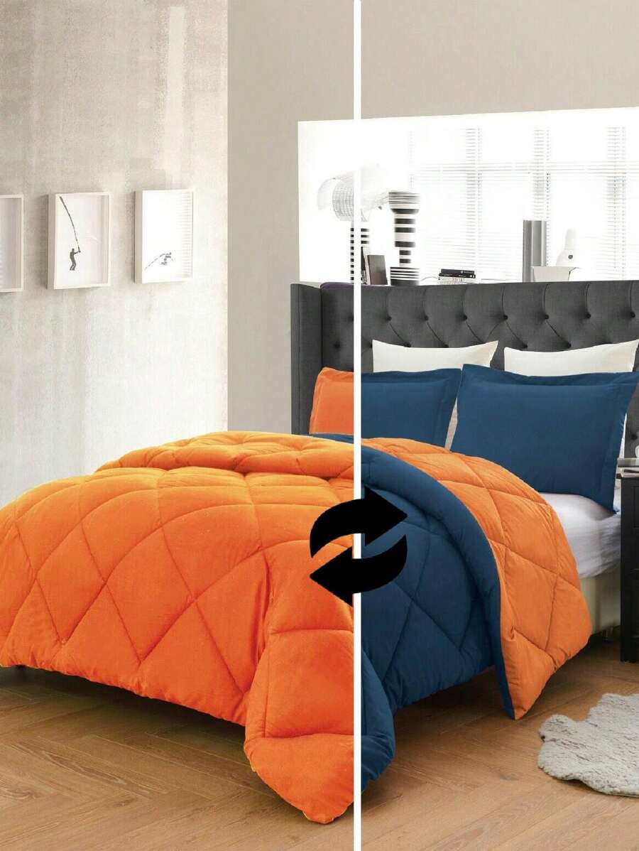 3PC Reversible 2-Tone Comforter Set With 2 Pillow Shams - 2 Different Colors! Duvet Insert - Orange & Navy - View 1