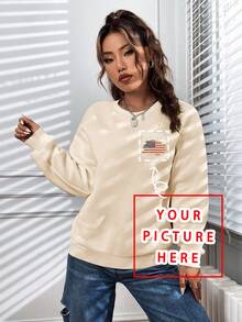 Personalized Gift, Custom Women Crew Neck Sweatshirt. Add Family & Selfie Photos For Custom Prints. Casual Black Winter Wear For Carnivals. Fall - Apricot - View 2