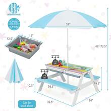 3-In-1 Kids Outdoor Picnic Water Sand Table With Umbrella Play Boxes - Blue - View 3