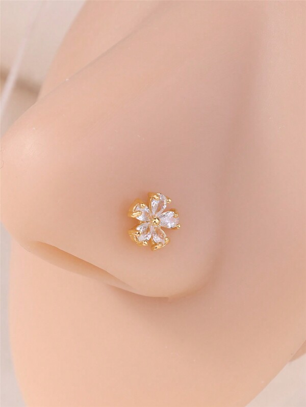 KARYOKO 1piece Flower Nose Stud Rings For Women Girls Cute Unique White CZ Gold Silver Color L Bend Nostril Screw Nose Piercing Jewelry Partie Gifts 20G