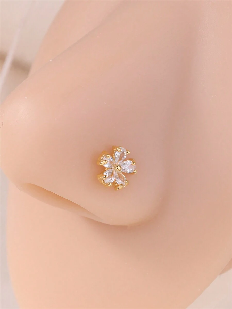 KARYOKO 1 件女士花朵鼻钉环女孩可爱独特白色 CZ 金色银色 L 形弯鼻孔螺丝鼻穿孔首饰派对礼物 20G - L Shaped Pin - 查看 1