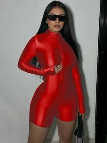 Women's Zipper Closure Jumpsuit With Long Sleeves - Red - View 3