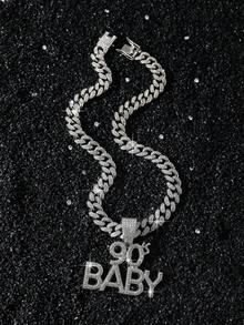 1pc 13mm Fully Encrusted Hip Hop Style Chain English Letter 90 BABY Pendant Necklace, Boyfriend Personalized Gift English Letter Pendant Necklace - Style a - View 7