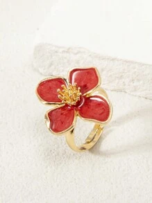 1pc Elegant Floral Enamel Open Ring, Fashionable & Chic, Suitable For Spring/Summer Everyday & Holiday Wear, Available In White, Green, Pink, Burgundy, Purple, Orange, Blue - Four-petal Flower Oil Drop Ring - View 19