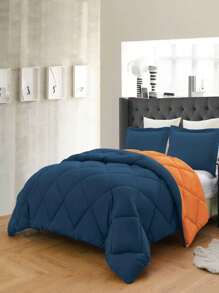 3PC Reversible 2-Tone Comforter Set With 2 Pillow Shams - 2 Different Colors! Duvet Insert - Orange & Navy - View 3