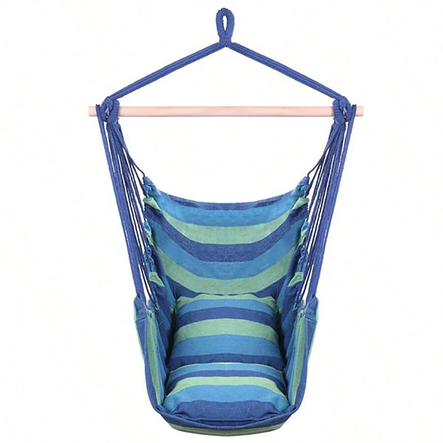 Hammock Chair Macrame Swing,Distinctive Cotton Canvas Hanging Rope Chair With Pillows For Indoor And Outdoor Use - 藍色 - 查看 1