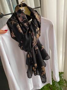 1pc Elegant Floral Foil Print Linen Scarf For Women, Summer Sunscreen Beach Shawl Accessory - Multicolor - View 13