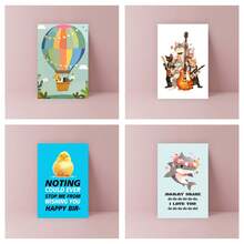 4款生日賀卡，創意有趣熱氣球貓雞鯊魚圖案賀卡，適用於家人和朋友，朋友賀卡，適用於任何場合