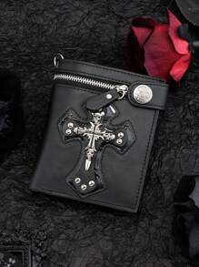 1 件新款复古男士钱包短款时尚钱包朋克黑色骷髅与设计男士双折拉链钱包休闲便携式零钱包带链条卡包万圣节男士钱包钱包小钱包男士钱包真皮 - 黑色 - 查看 3
