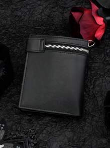 1 件新款复古男士钱包短款时尚钱包朋克黑色骷髅与设计男士双折拉链钱包休闲便携式零钱包带链条卡包万圣节男士钱包钱包小钱包男士钱包真皮 - 黑色 - 查看 4