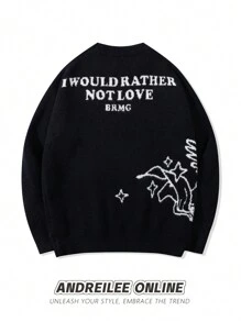 ANDREILEE Men's Cute Simple Fashionable Little Angel Shooting Heart Jacquard Black Long Sleeve Sweater, Unisex Round Neck Street Style Loose Knitted Top For Spring/Autumn/Winter - Black - View 2