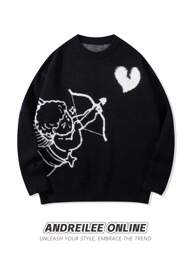Andreilee Suéter De Manga Larga Negro De Jacquard Con Corazón De Tiro De Ángel Pequeño, Lindo Y Sencillo Para Hombre, Top De Punto Suelto Estilo Callejero Con Cuello Redondo Unisex Para Primavera/otoño/invierno