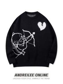 ANDREILEE Men's Cute Simple Fashionable Little Angel Shooting Heart Jacquard Black Long Sleeve Sweater, Unisex Round Neck Street Style Loose Knitted Top For Spring/Autumn/Winter - Black - View 1