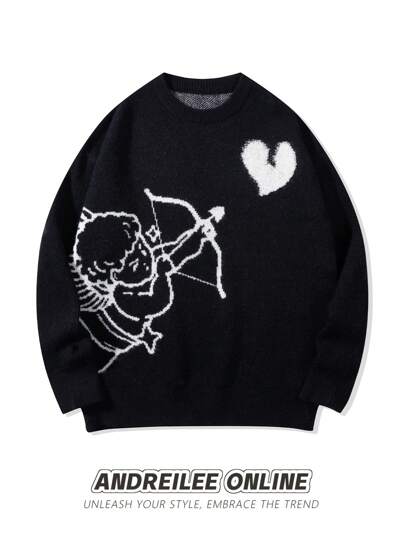 ANDREILEE Men's Cute Simple Fashionable Little Angel Shooting Heart Jacquard Black Long Sleeve Sweater, Unisex Round Neck Street Style Loose Knitted Top For Spring/Autumn/Winter