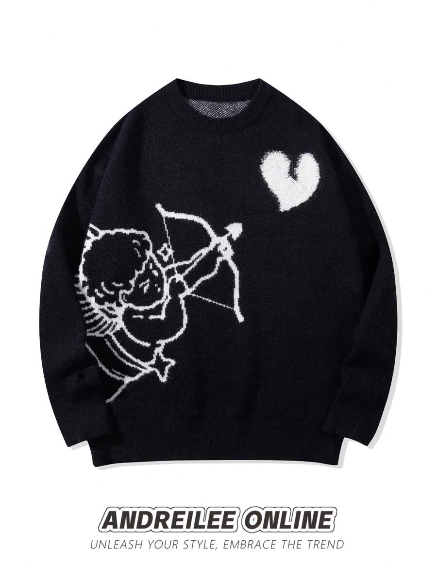 ANDREILEE Men's Cute Simple Fashionable Little Angel Shooting Heart Jacquard Black Long Sleeve Sweater, Unisex Round Neck Street Style Loose Knitted Top For Spring/Autumn/Winter - Black - View 1