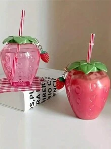 1入超可愛草莓造型帶蓋吸管杯 - 可愛便攜式牛奶茶水果杯，適合派對和外出飲用 - 彩色 - 查看 1