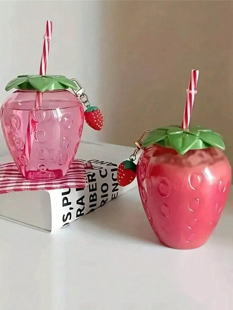 1入超可愛草莓造型帶蓋吸管杯 - 可愛便攜式牛奶茶水果杯，適合派對和外出飲用 - 彩色 - 查看 1