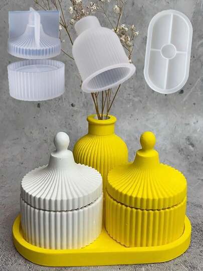 Set de 4 moldes de silicona en forma de bandeja ovalada, molde de jarrón, caja de almacenamiento a rayas, maceta, para hacer manualidades de resina, yeso, cemento y hormigón, para decoración de escritorio multifuncional, manualidades DIY y decoración del hogar