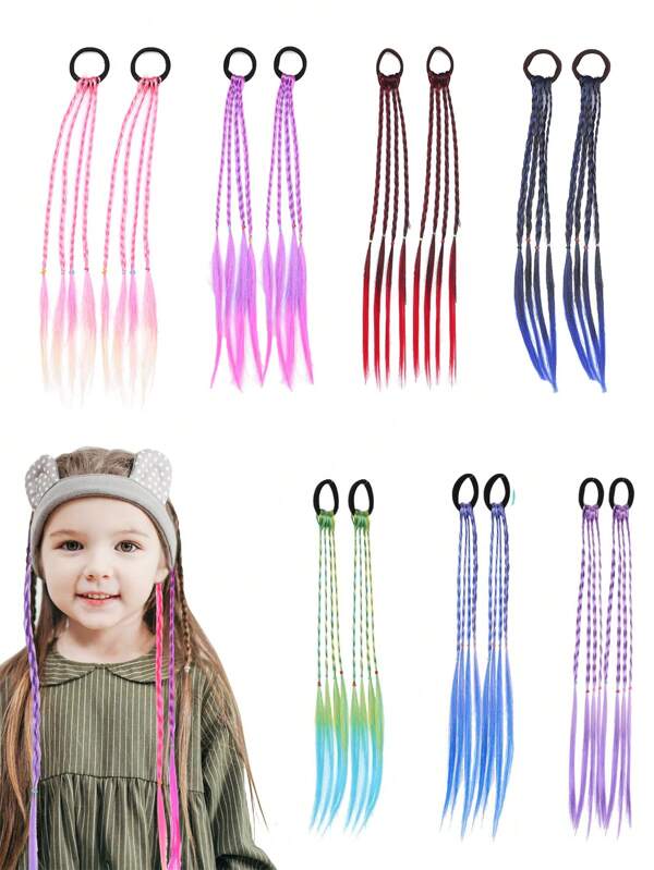 2pcs Kids' Colorful Braided Hair Extensions, Ponytail Hair Extensions, Girls' Hair Accessories, Crazy Hair Day Costume Accessories,