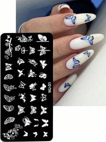 3 piezas Placa de estampado de uñas con encaje francés y diseño de flores, hojas y mariposas, molde para uñas, plantilla de impresión de arte de uñas como herramienta de manicura para salon de uñas y accesorios de uñas - Plateado - Ver 3