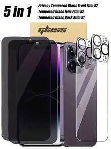 [5 In 1] 2 Pcs Privacy Tempered Glass + 1 Pc Back Tempered Glass + 2 Pcs Camera Lens Protector Compatible With IPhone 11 12 13 14 15 Plus Pro Max - Clear - View 1