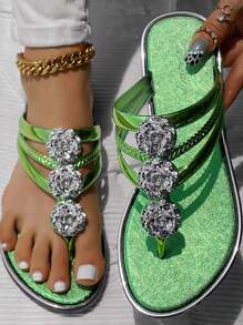 Women's Gold Metal-Look Sandals, Adorned With Crystal Floral Decor, Lightweight & Comfortable Summer Beach Slide Slippers, Slip-On Flat Shoes For Casual & Holiday Wear, Fashionable Open-Toe Non-Slip Metallic Slippers, New Summer Vacation Beach Slip-On Sandals