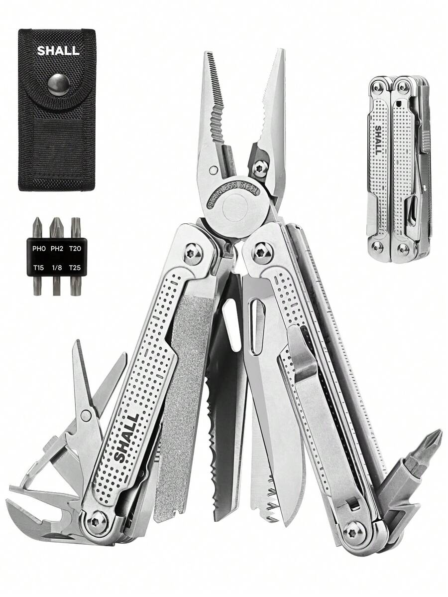 Herramienta Múltiple SHALL, Alicates Multiherramienta 18-En-1, Herramienta Multiuso de Acero Inoxidable con Cuchillo de Bolsillo, Destornillador y Casquillo Universal, Funda Multiusos con Cierre Automático para Camping, Pesca, Supervivencia y Caza