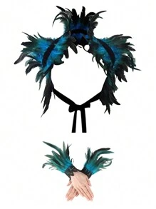 羽毛披肩和羽毛腕袖套装，羽毛披肩服装羽毛耸肩披肩万圣节服装领子哥特式维多利亚风格适合万圣节、狂欢节、朋克派对、化妆舞会 - 彩色 - 查看 11