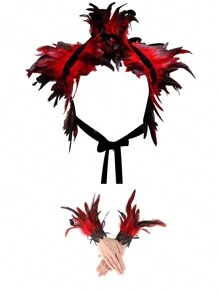 羽毛披肩和羽毛腕袖套装，羽毛披肩服装羽毛耸肩披肩万圣节服装领子哥特式维多利亚风格适合万圣节、狂欢节、朋克派对、化妆舞会 - 彩色 - 查看 10