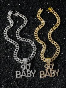 1pc 13mm Fully Encrusted Hip Hop Style Chain English Letter 90 BABY Pendant Necklace, Boyfriend Personalized Gift English Letter Pendant Necklace - Style a - View 1