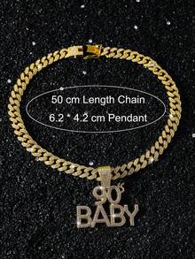 1pc 13mm Fully Encrusted Hip Hop Style Chain English Letter 90 BABY Pendant Necklace, Boyfriend Personalized Gift English Letter Pendant Necklace - Style a - View 5