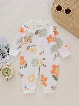 婴儿中性款熊、向日葵和花卉印花前扣连体衣，婴儿春秋连体衣