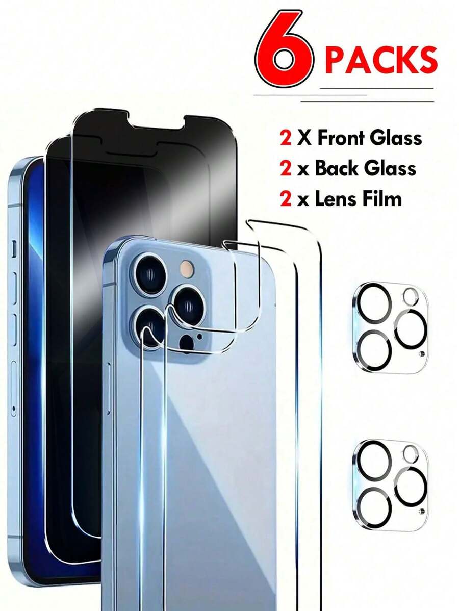 [6 Packs] 2 Packs Privacy Screen Protector Tempered Glass,2 Packs Back Tempered Glass And 2 Packs Camera Lens Protector Compatible With IPhone Compatible With IPhone 16/16 Plus/16 Pro/16 Pro Max/15/15Pro/15 Plus/15 Pro Max/14/13/12/11 - 2 Privacy Films + 2 Back Cover Films + 2 Screen Printed Lens Films - View 1