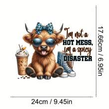 1入組有趣的小牛圖形T恤/運動衫/連帽衫熱轉印，古靈精怪的"我不是一團糟，我是一場香辣災難"配藍豹紋蝴蝶結，DIY燙印熱印花裝飾貼於衣服上