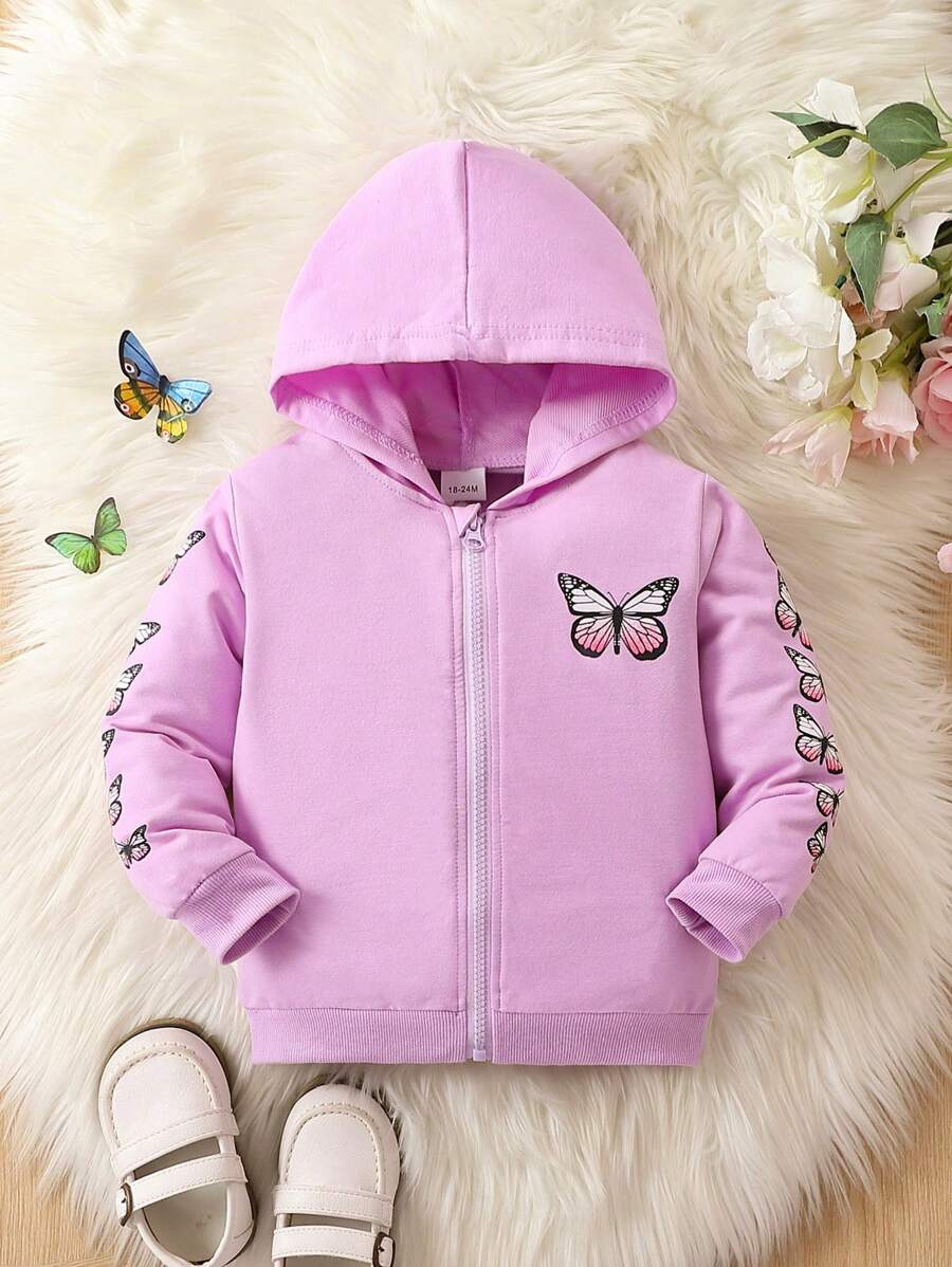 Chaqueta casual ligera con capucha y estampado de mariposa para niñas volviendo a la escuela - Morado - Ver 1