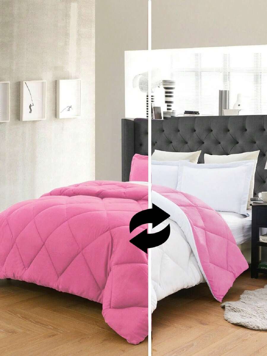 3PC Reversible 2-Tone Comforter Set With 2 Pillow Shams - 2 Different Colors! Duvet Insert - White & Pink - View 1