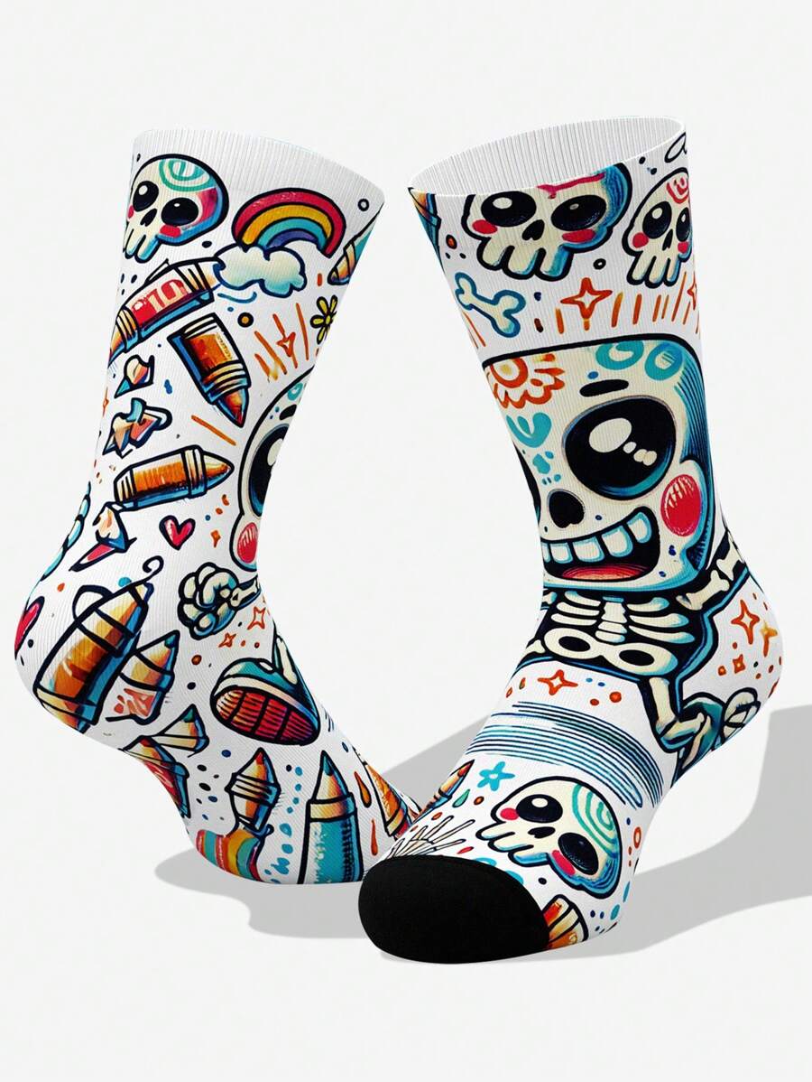 1pair/3pairs Assorted Size Skull Print Funny Cartoon Crew Socks, Soft Breathable Casual Athletic Socks For Outdoor Running Basketball Yoga, Halloween Costume Accessories, Fall - Multicolor - View 1