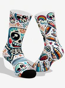 1 paar/3 paar diverse maten schedelprint grappige cartoon crew sokken, zachte ademende casual sport sokken voor buiten hardlopen basketbal yoga, Halloween kostuum accessoires