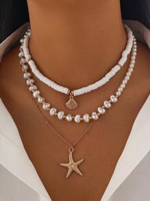 软粘土串珠海星和贝壳吊坠项链，时尚优雅的度假风格女士颈链 - 項鍊 - 查看 13